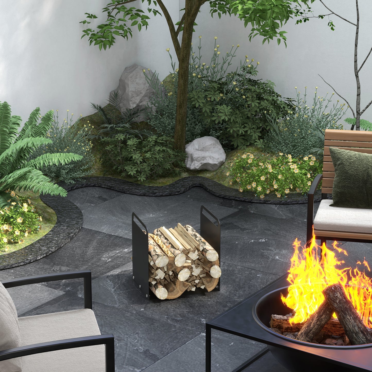 Outsunny Feuerholzgestell, 2 Tragegriffe, Stahlrahmen, bis 30kg, 36x30x36cm, Schwarz