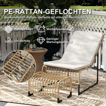 Outsunny Rattan Relaxsessel med Fußhocker UV-beständig Gartensessel mit Kissen Bänder 65 x 93 x 80 cm Naturholz
