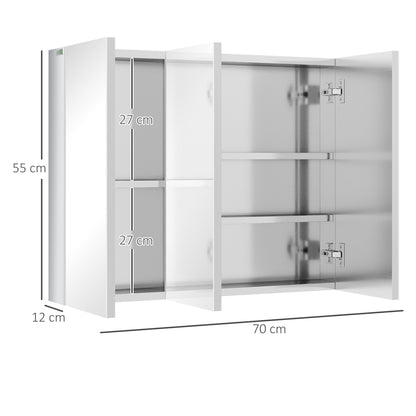 kleankin Spiegelschrank, Badschrank, 3 Spiegeltüren, 5 Innenböden, Edelstahl, Farbe: Silber, 70 x 12 x 55 cm