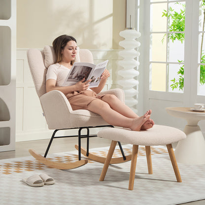 HOMCOM Schaukelstuhl mit Fußhocker, weicher Fleece-Bezug, Holzbeine, Kissen, hohe Rückenlehne, Schaukelsessel, Beige