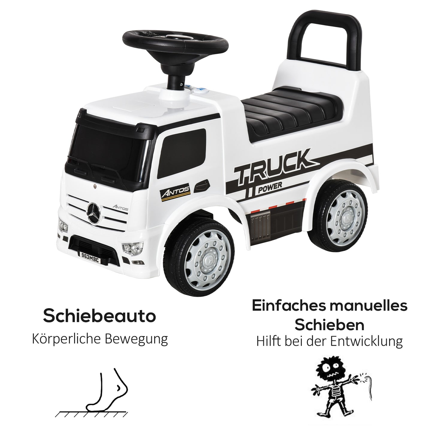 HOMCOM Rutscherfahrzeug Rutscherauto Babyrutscher Kinderfahrzeug lizenziert von Mercedes ANTOS-LKW-Stil mit Licht für Kinder von 12 bis 36 Monaten Metall PP-Kunststoff Weiß+Schwarz 62,5x28,5x45cm
