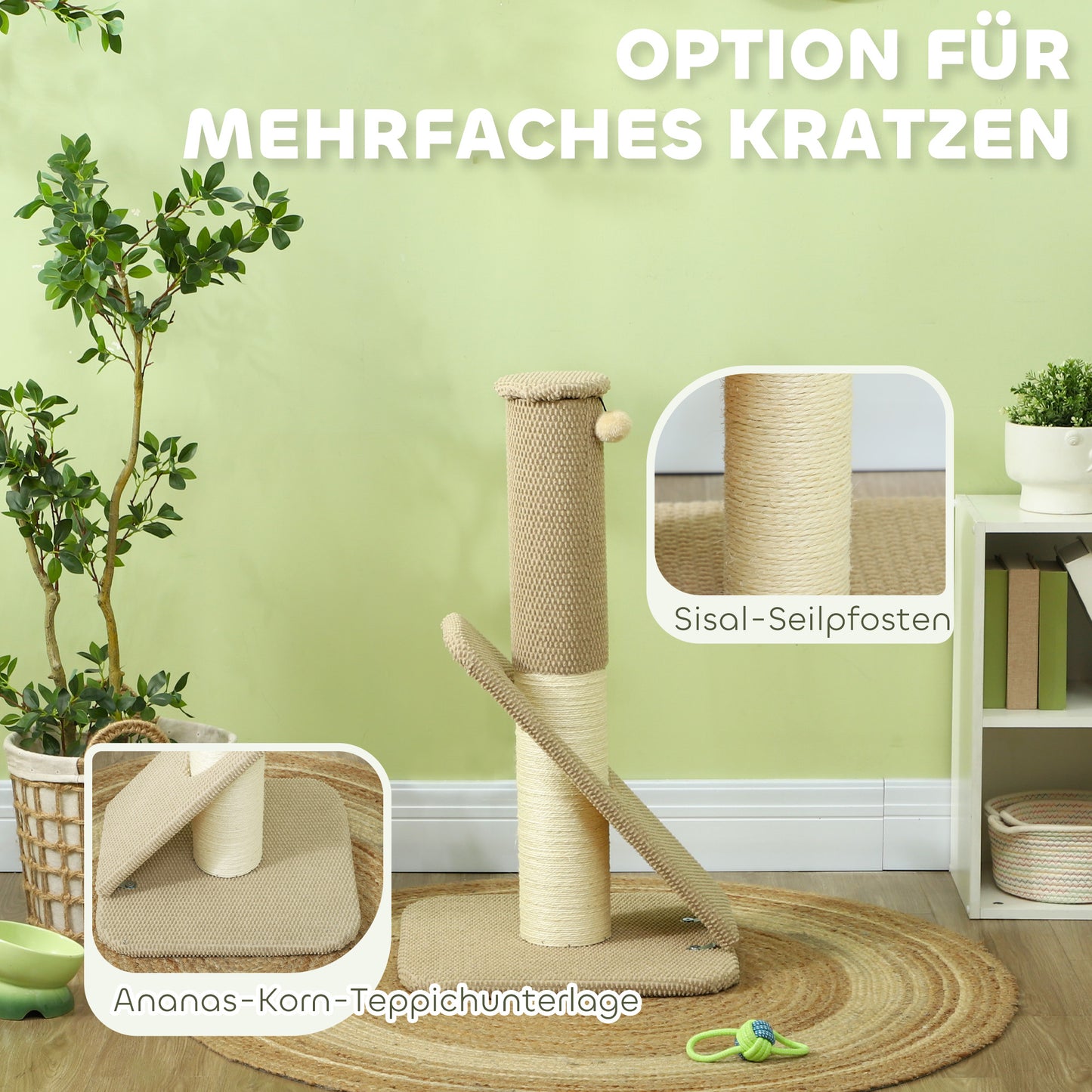 PawHut Kratzbaum für Katzen, mit Pad, Säule und Spielball, Teppich und Sisal, 84 cm, Hellbraun