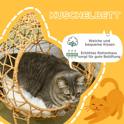 Pawhut Rattan Katzenkorb Katzenhöhle Katzenhütte Katzenbett mit Kissen erhöhtes Design Haustierbett Braun Ø45 x 57H cm