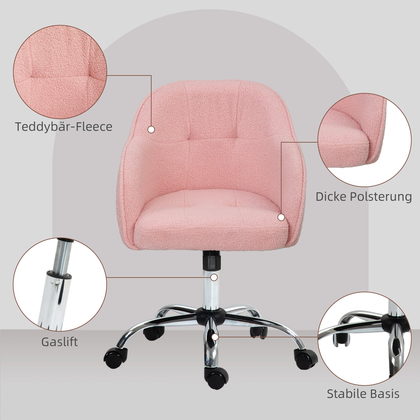 HOMCOM Homeoffice Stuhl, Ergonomisch Schreibtischstuhl mit Wippfunktion, Teddysamtoptik 56 x 61 x 86 cm Rosa