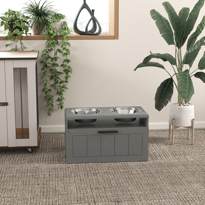 PawHut Futterstation für große Hunde, mit 2 Edelstahlnäpfen, Schublade, Futterspender für Haustiere, MDF, Stahl, Grau