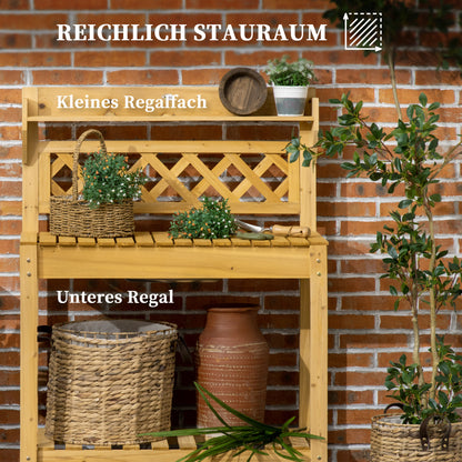 Outsunny Garten-Arbeitstisch, integriertes Edelstahl-Spülbecken, 2 Ablagen, Massivholz, braun, 92 x 45 x 120 cm