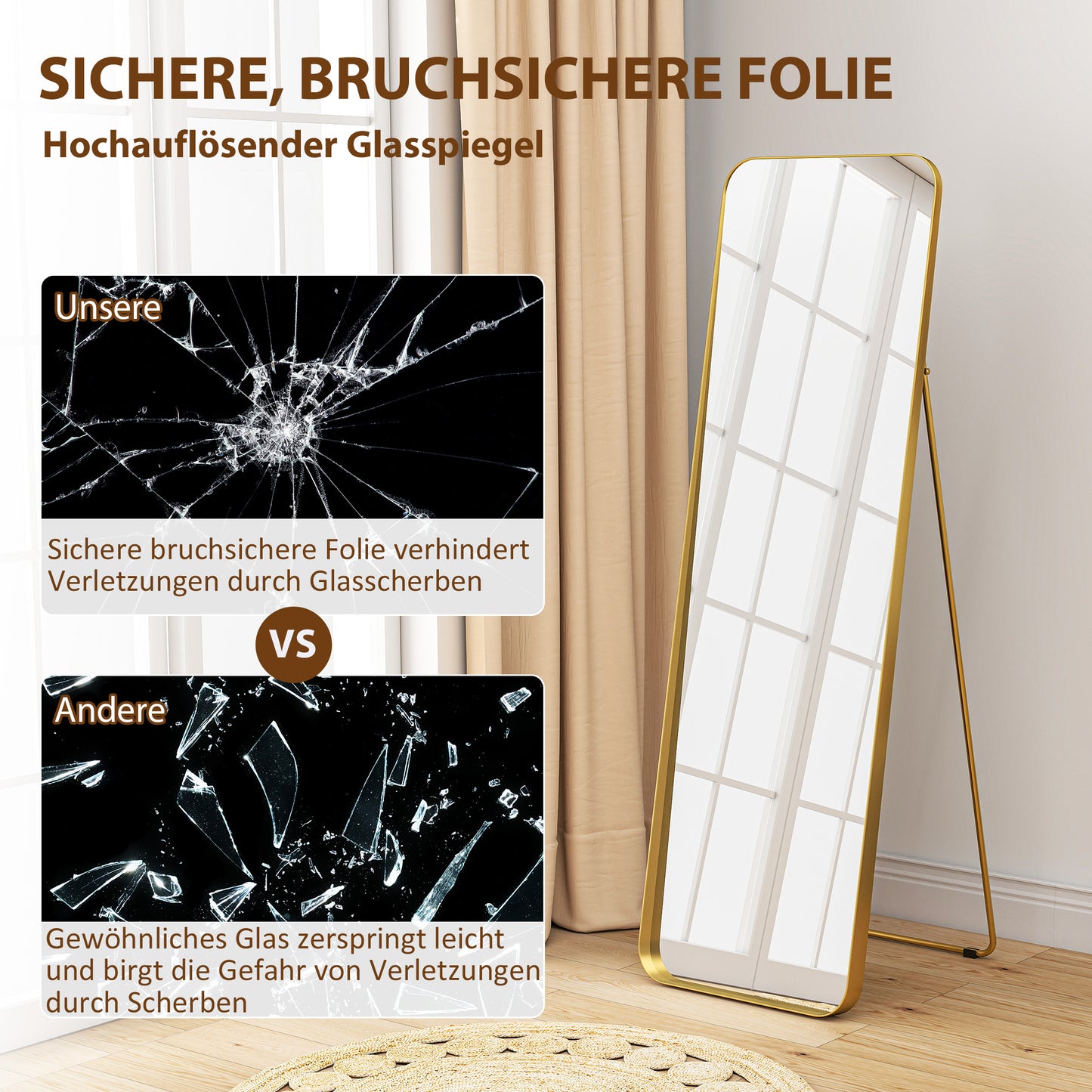 HOMCOM Ganzkörperspiegel, freistehend, neigbar, Metallrahmen, MDF, 160 x 50 cm, Goldfarben