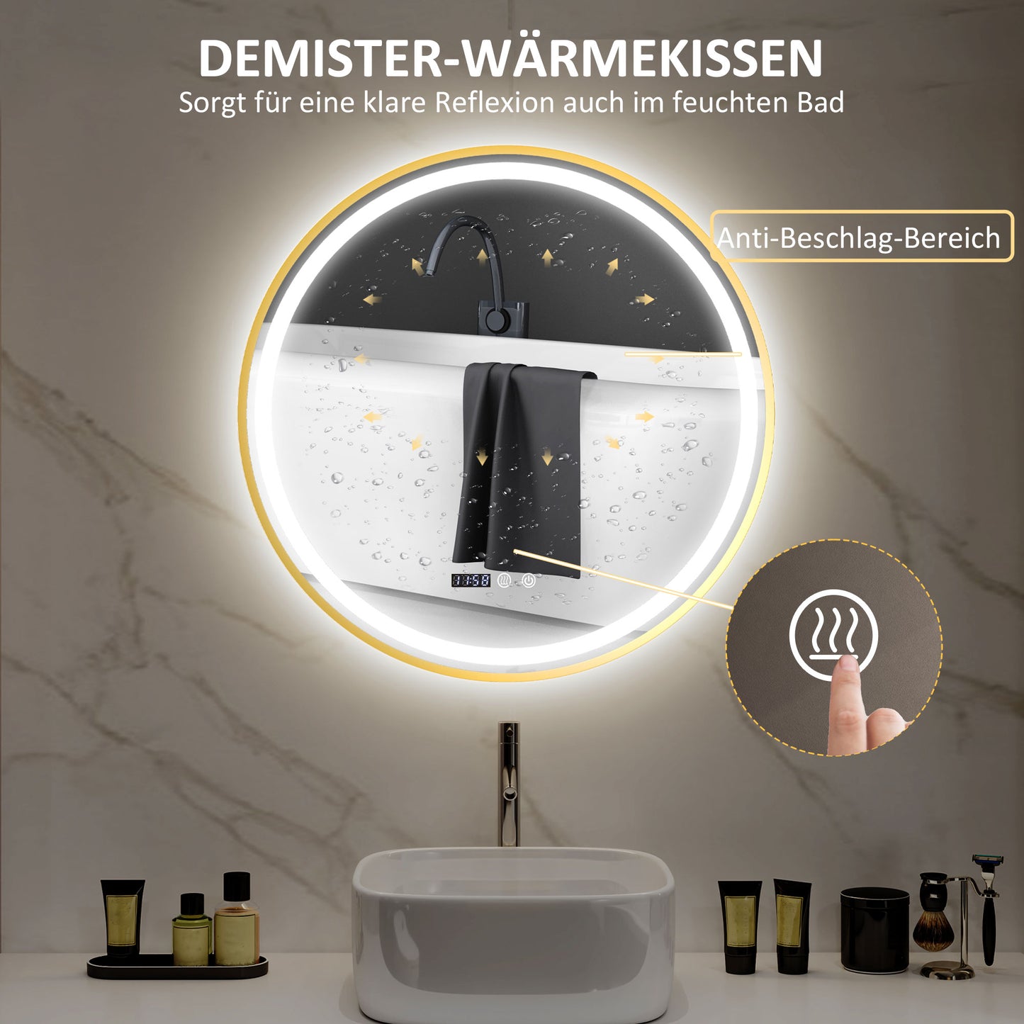 HOMCOM Runder Badezimmerspiegel mit LED-Lichtern, Badspiegel mit Anti-Beschlag-Funktion, Touch-Bedienung, Display