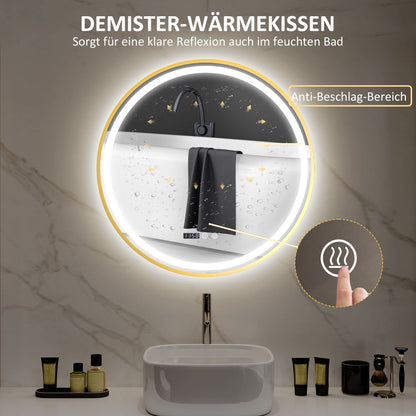 HOMCOM Runder Badezimmerspiegel mit LED-Lichtern, Badspiegel mit Anti-Beschlag-Funktion, Touch-Bedienung, Display
