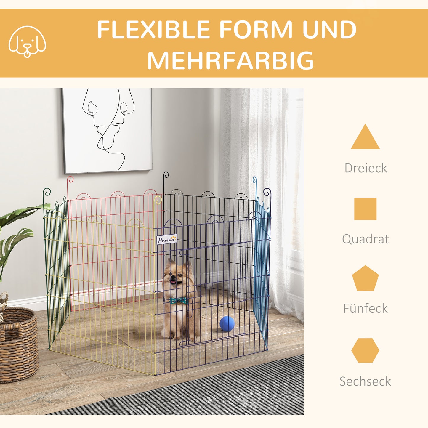 PawHut Freilaufgehege, Welpenauslauf, modulares Design, verriegelbar, Metall, Ø120x60H cm, Bunt