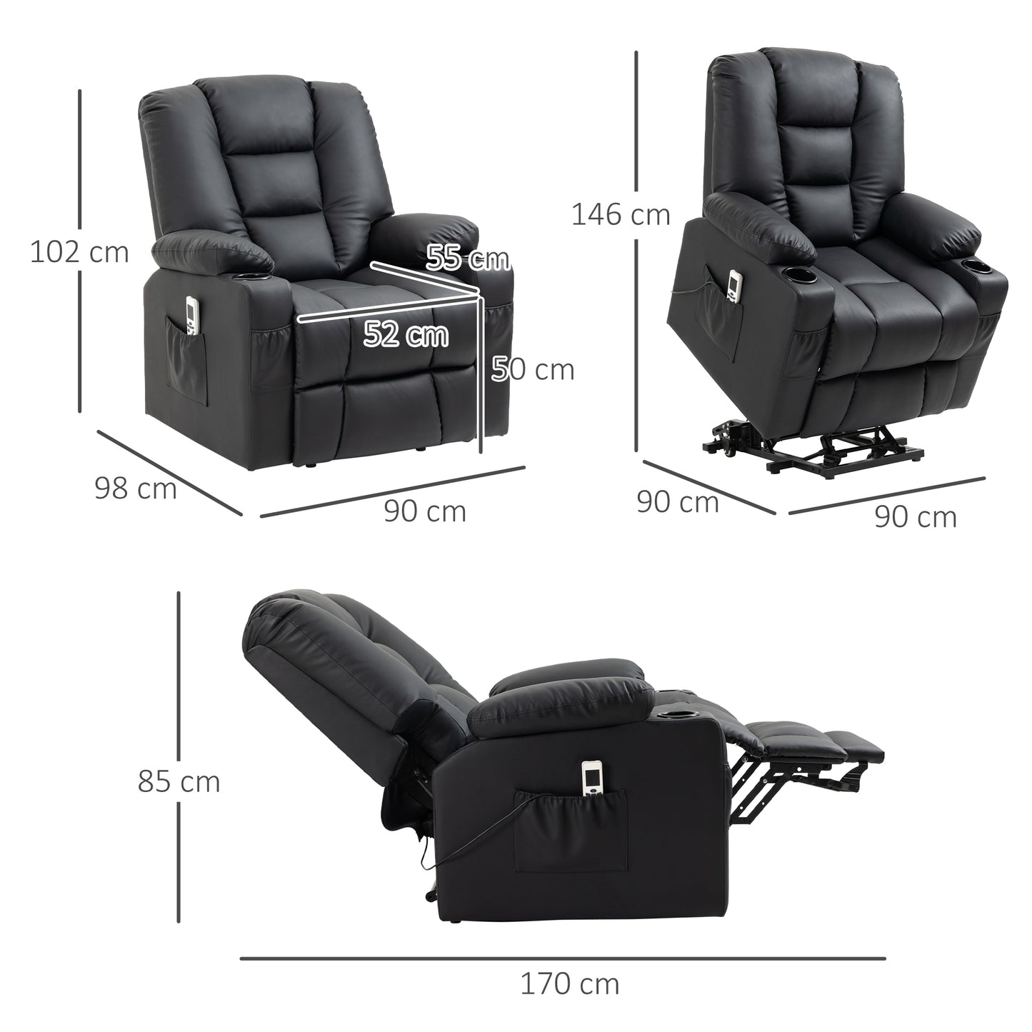 HOMCOM Relaxsessel mit Aufstehhilfe, USB, Massagefunktion, Kunstleder, bis 150 kg, 90x98x102 cm, Schwarz