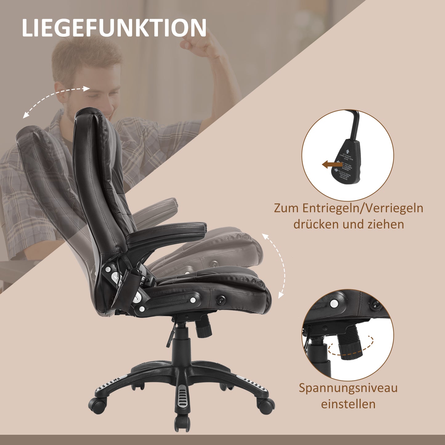HOMCOM Bürostuhl mit Massagefunktion Ergonomischer Chefsessel mit Heizfunktion, Liegefunktion, Wippfunktion, Höhenverstellbar 360° Drehbar Schreibtischstuhl, Kunstleder, Braun