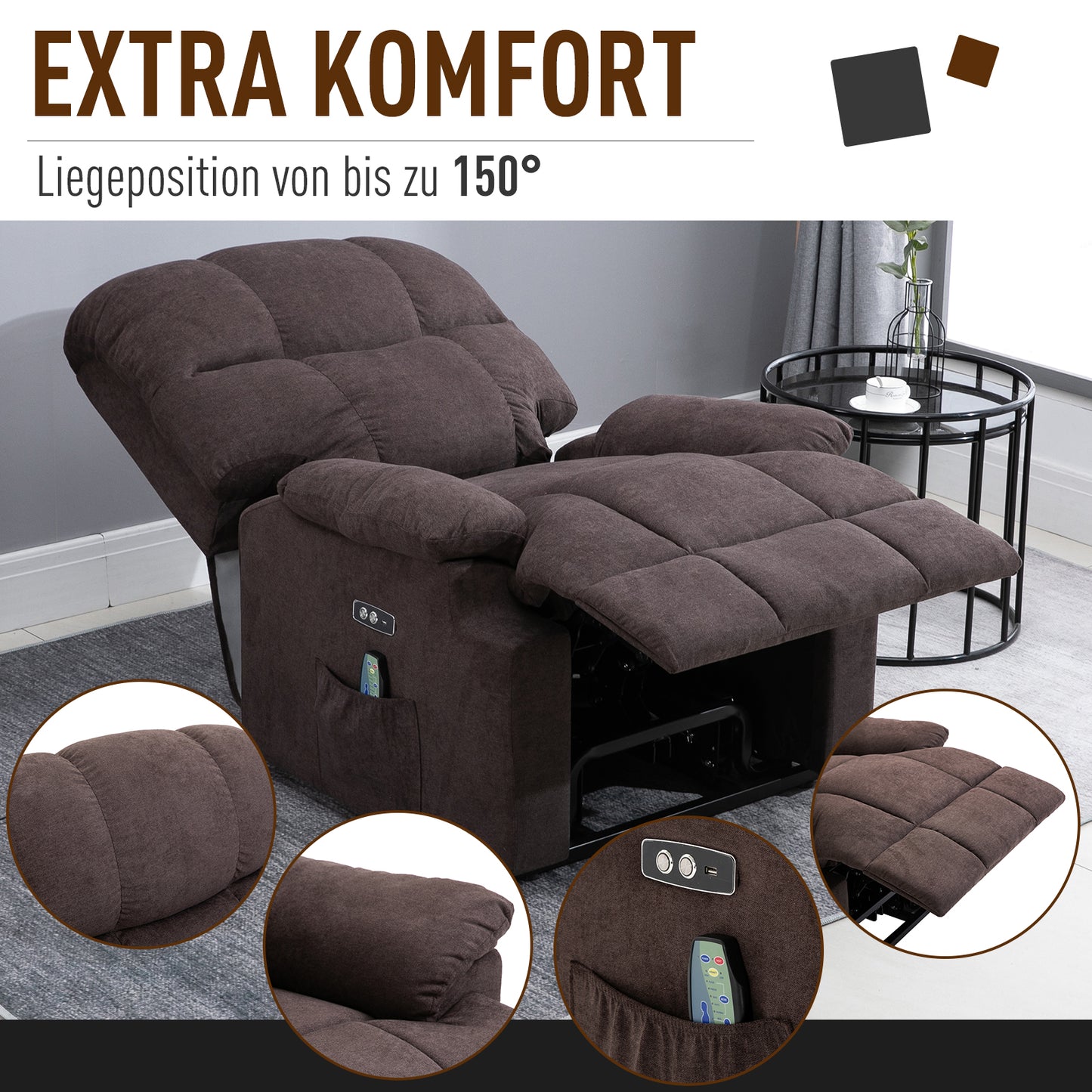 HOMCOM Relaxsessel mit Aufstehhilfe, 160° verstellbare Rückenlehen, Massage- und Wärmefunktion, 83 cm x 95 cm x 105 cm, Braun