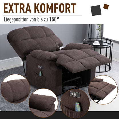 HOMCOM Relaxsessel mit Aufstehhilfe, 160° verstellbare Rückenlehen, Massage- und Wärmefunktion, 83 cm x 95 cm x 105 cm, Braun