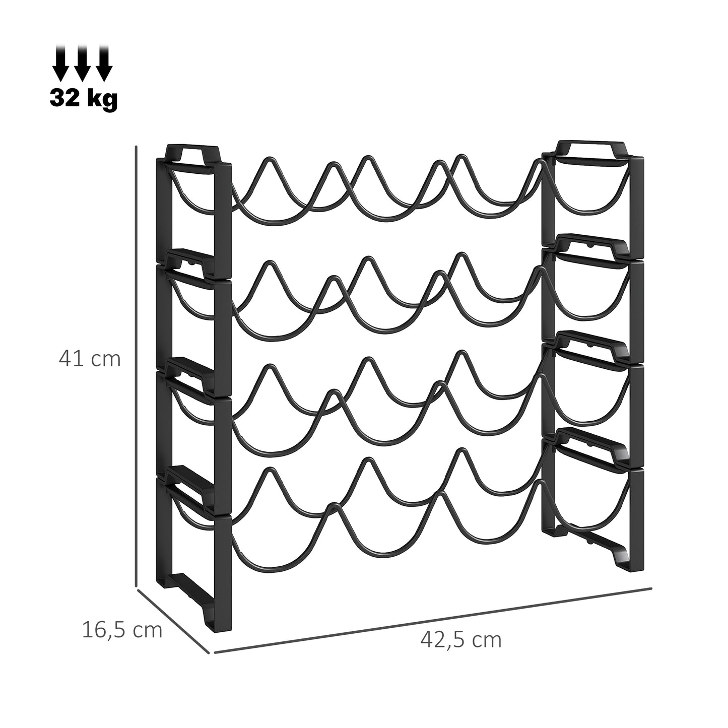 HOMCOM 4-stufiges Weinregal, freistehendes Regal für 16 Weinflaschen, Metall, Schwarz