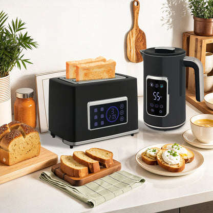 HOMCOM Wasserkocher und Toaster-Set mit LED-Touchscreen, 1,7 L, 2 Toasterschlitze, verschiedene Modi und Funktionen, Schwarz