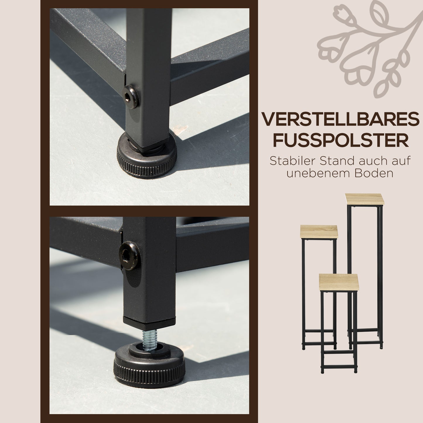 Outsunny 3-teiliges Set Pflanzenständer stapelbar platzsparend 21 cm x 21 cm x 50/70/90 cm Stahl Braun + Schwarz