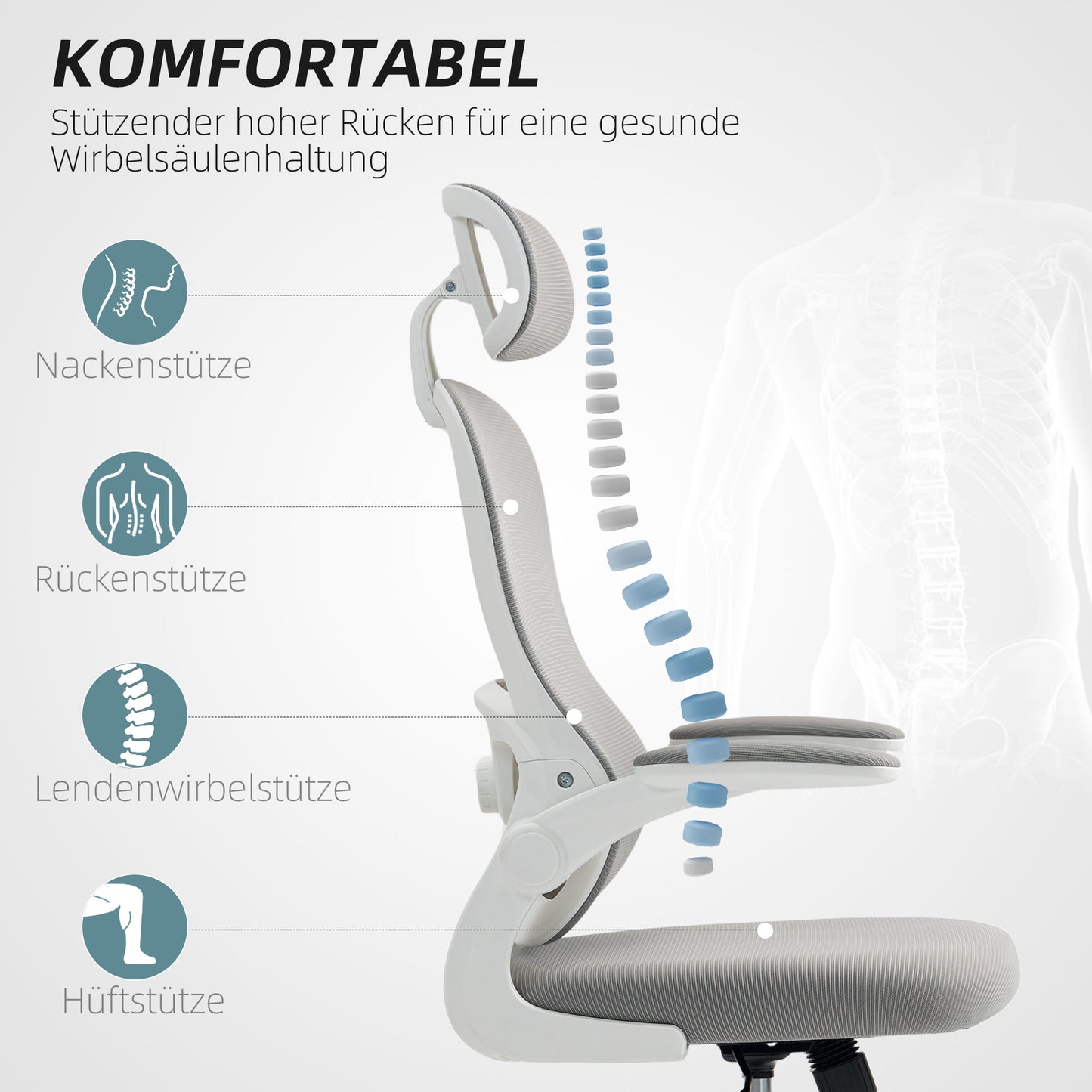 HOMCOM Ergonomischer Bürostuhl mit Netzstoff-Rückenlehne, höhenverstellbar, klappbare Armlehnen, 5 Rollen, Wippfunktion, Grau