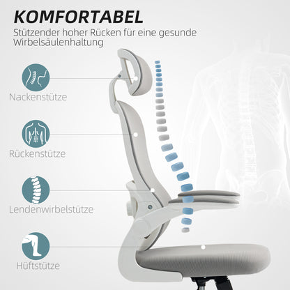 HOMCOM Ergonomischer Bürostuhl mit Netzstoff-Rückenlehne, höhenverstellbar, klappbare Armlehnen, 5 Rollen, Wippfunktion, Grau