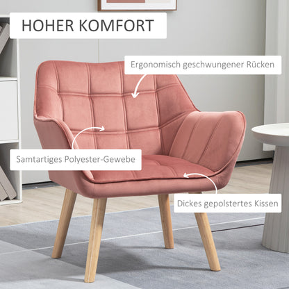 HOMCOM Polstersessel, Akzentsessel, Skandi Design, Samtoptik, bis 120 kg, Kautschukholzbeine, Rosa