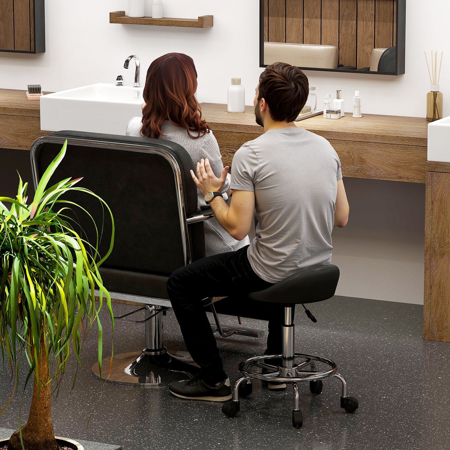 HOMCOM Rollhocker höhenverstellbar mit Rückenlehne Drehhocker 59-75 cm Arbeitshocker 360° drehbar Schwarz