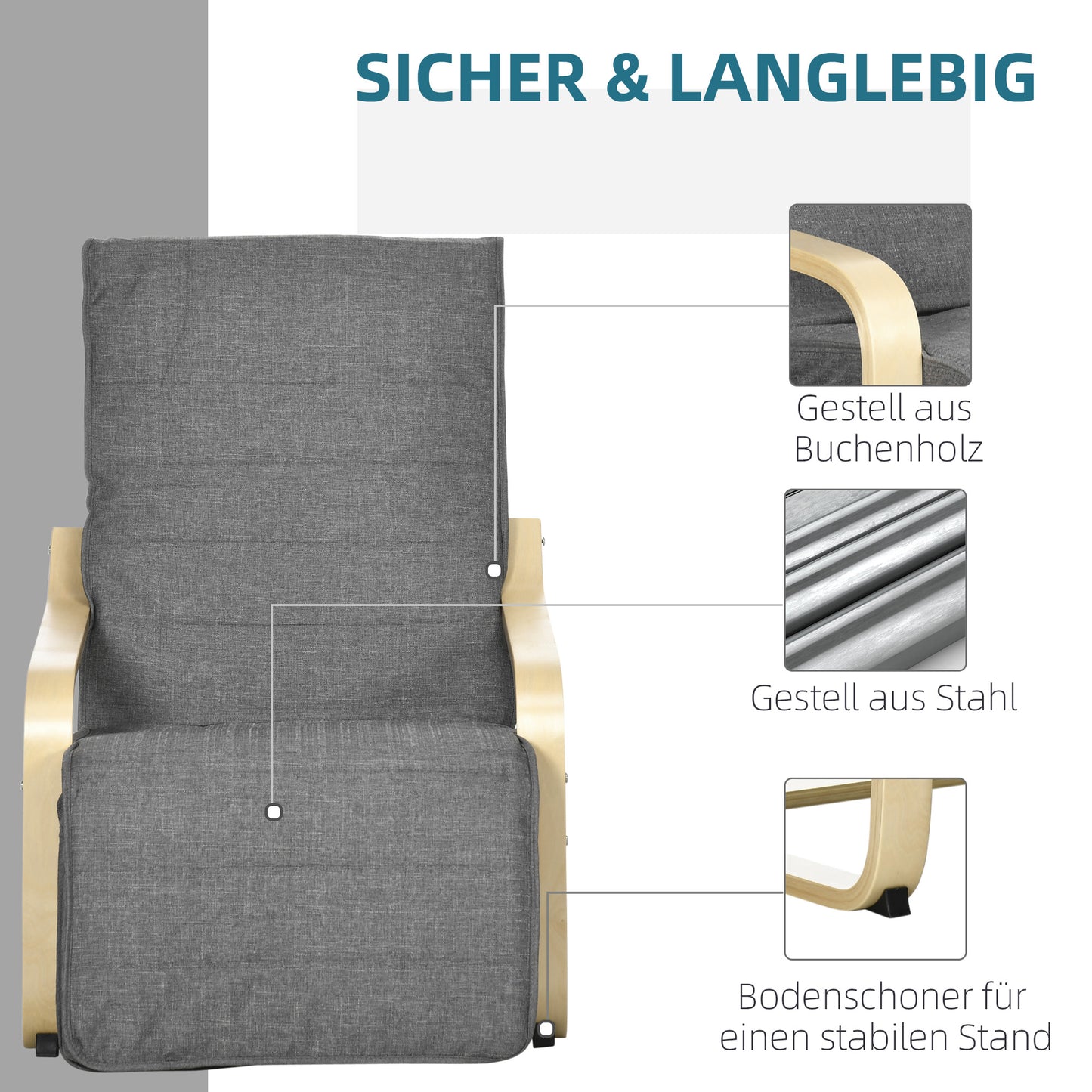 HOMCOM Akzentsessel, Relaxsessel mit verstellbarem Fußteil, Birkenholzrahmen, bis 120 kg, 66,5 x 94 x 100 cm, Grau