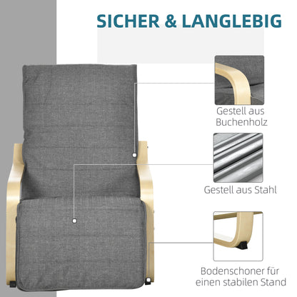HOMCOM Akzentsessel, Relaxsessel mit verstellbarem Fußteil, Birkenholzrahmen, bis 120 kg, 66,5 x 94 x 100 cm, Grau
