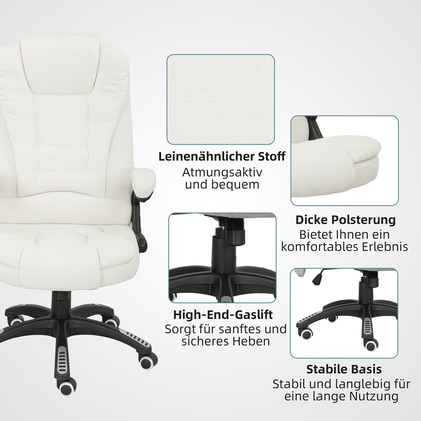 Vinsetto Ergonomischer Schreibtischstuhl med massagefunktion, 68 x 72 x 110–120 cm, Cremeweiß