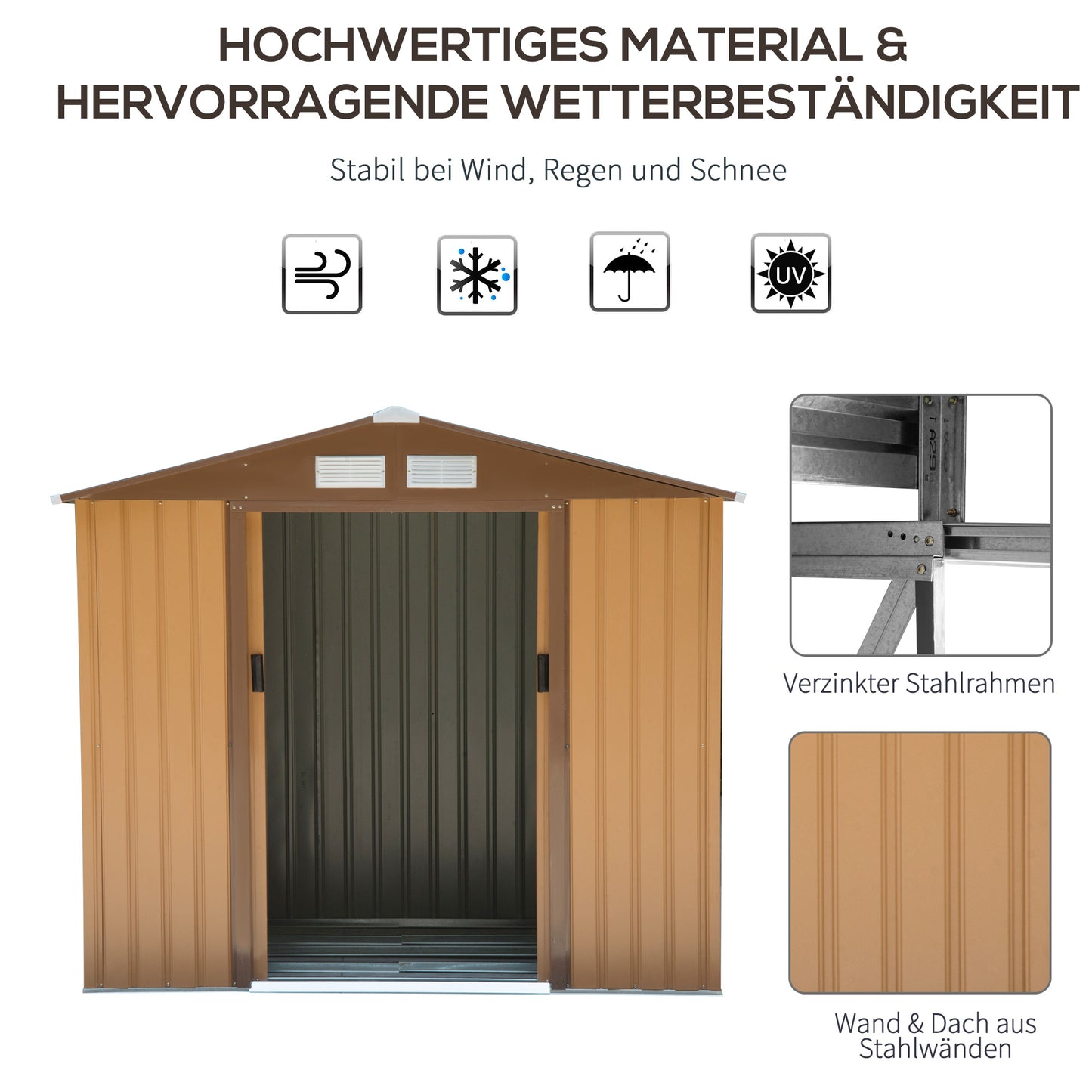 Outsunny Geräteschuppen mit Schiebetüren 2,13 x 1,30 x 1,85cm Metall Gelb