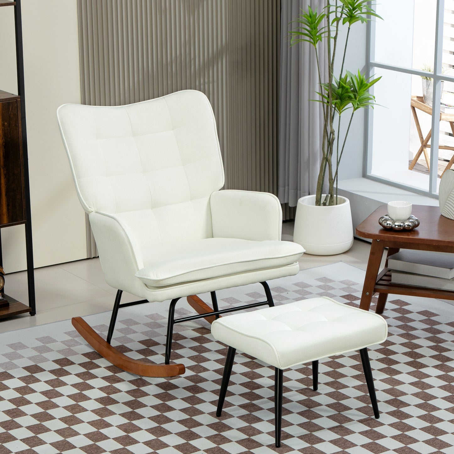 HOMCOM Schaukelstuhl mit Hocker, sanftes Schaukelsystem, Leinenimitat, 64 x 89 x 90 cm, Cremeweiß