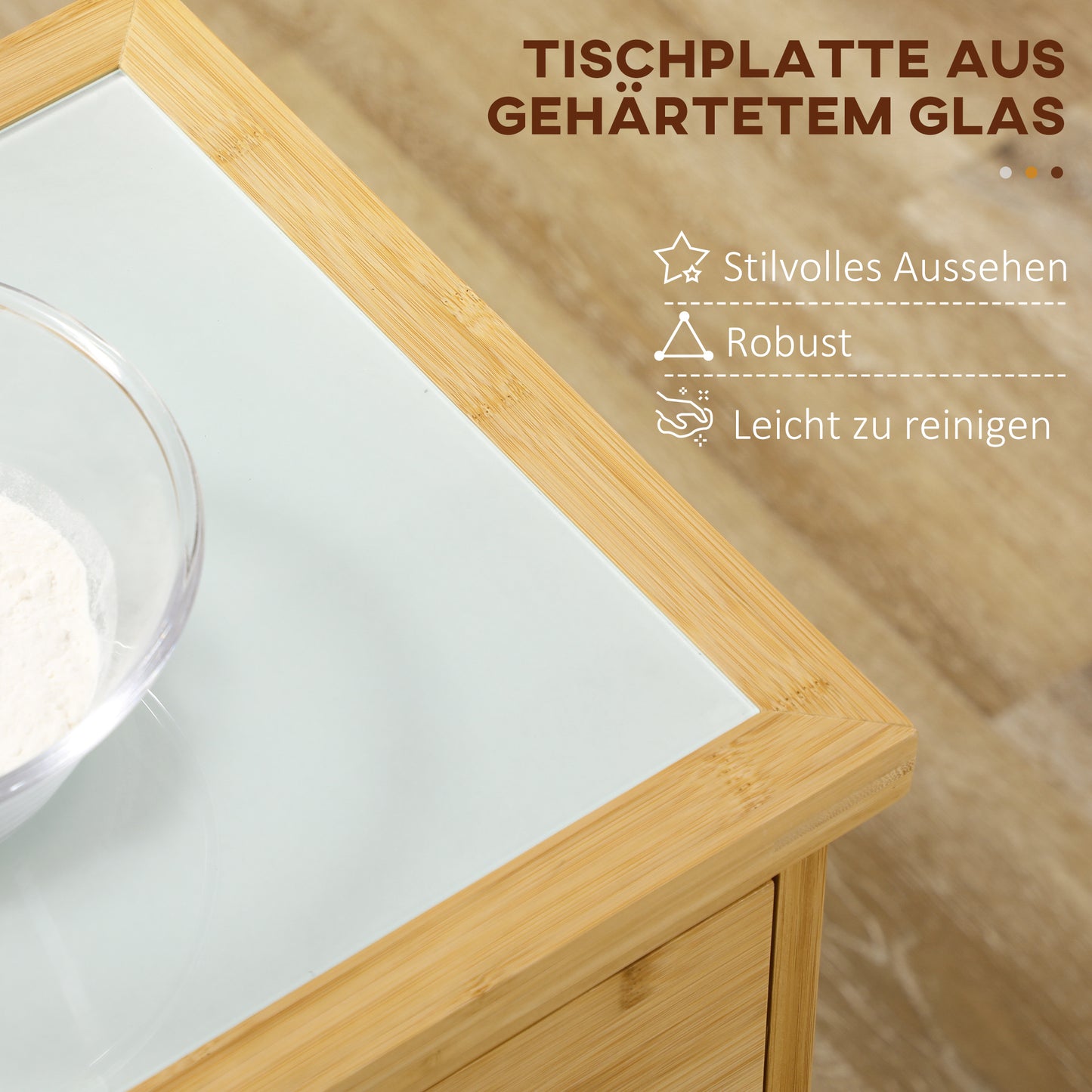 HOMCOM Küchenwagen aus Bambus, Mehrzweckwagen, Sevierwagen, 2 Schubladen, 1 Schrank, 2 Regale, Natur