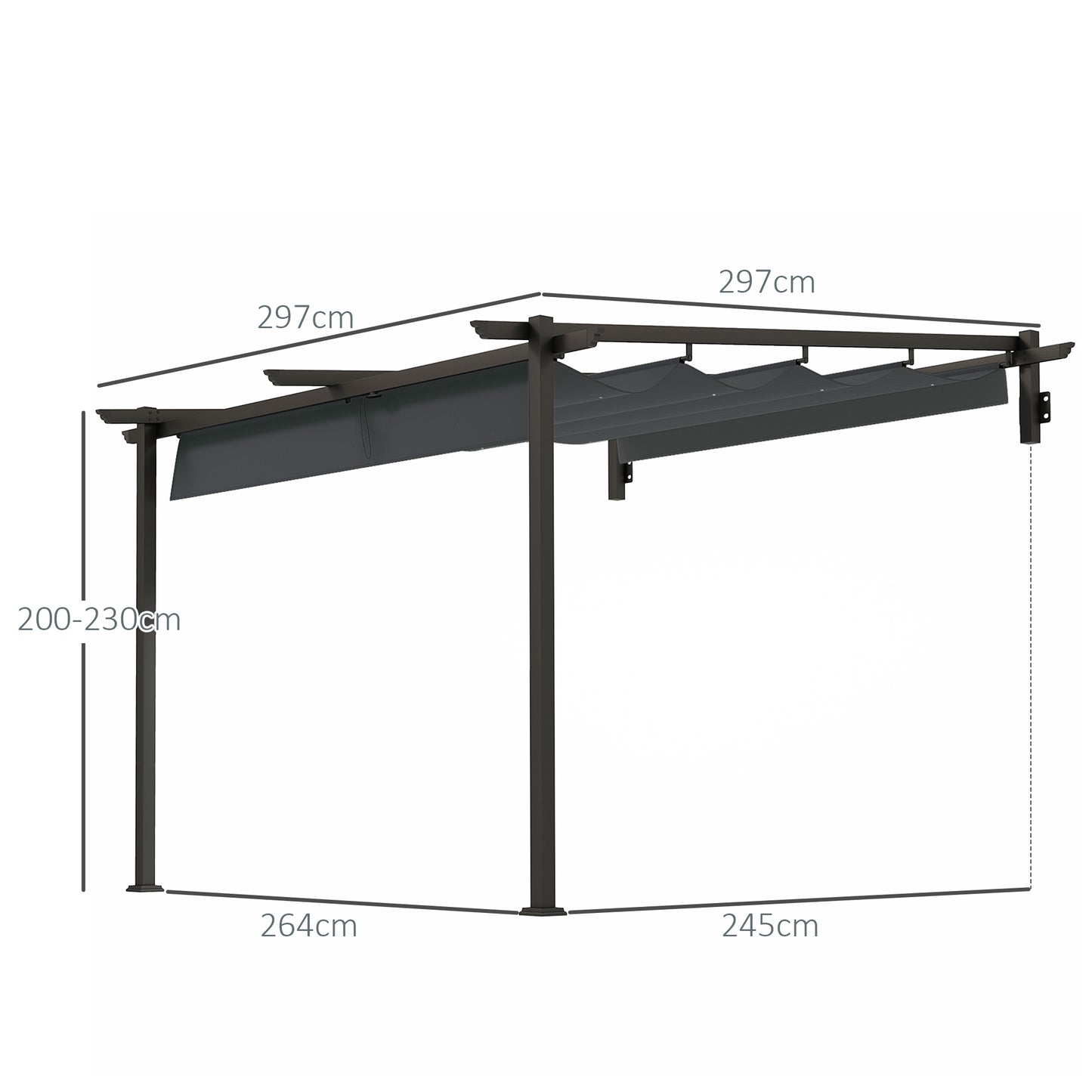 Outsunny Pavillon, 3 x 3 m Pergola, Winddichtes Terrassendach, Wandmontage, Verstellbares Dach, für Garten, Terrasse, Dunkelgrau