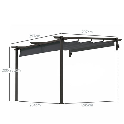 Outsunny Pavillon, 3 x 3 m Pergola, Winddichtes Terrassendach, Wandmontage, Verstellbares Dach, für Garten, Terrasse, Dunkelgrau