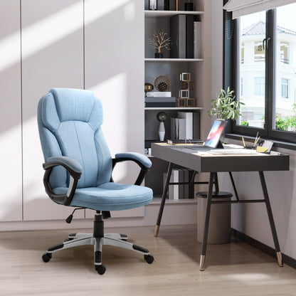 Vinsetto Bürostuhl Computerstuhl Drehstuhl höhenverstellbar Wippfunktion mit Kopfstütze und gepolsterte Armlehnen Ergonomisch Hellblau Leinen 66 x 75 x 110–120 cm