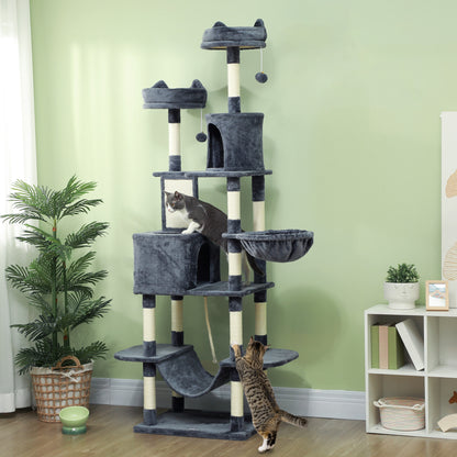 PawHut Kratzbaum 206 cm Katzenturm mit Höhle, 2 Spielballen, Sisalstämme, Plattform für große Katzen, Dunkelgrau