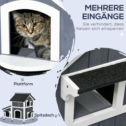 PawHut Outdoor-Katzenhaus, zweistöckig, Bodenabstand, Naturholz, Asphaltdach, grau, 96 x 65 x 85,5 cm