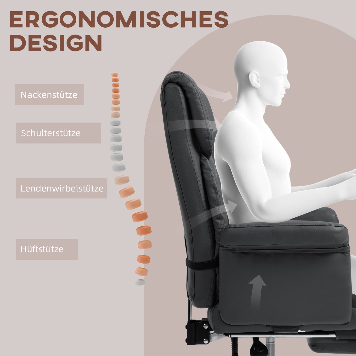 HOMCOM Ergonomischer Bürostuhl, höhenverstellbar 48-56 cm, neigbare Rückenlehne, Fußstütze, Schwarz