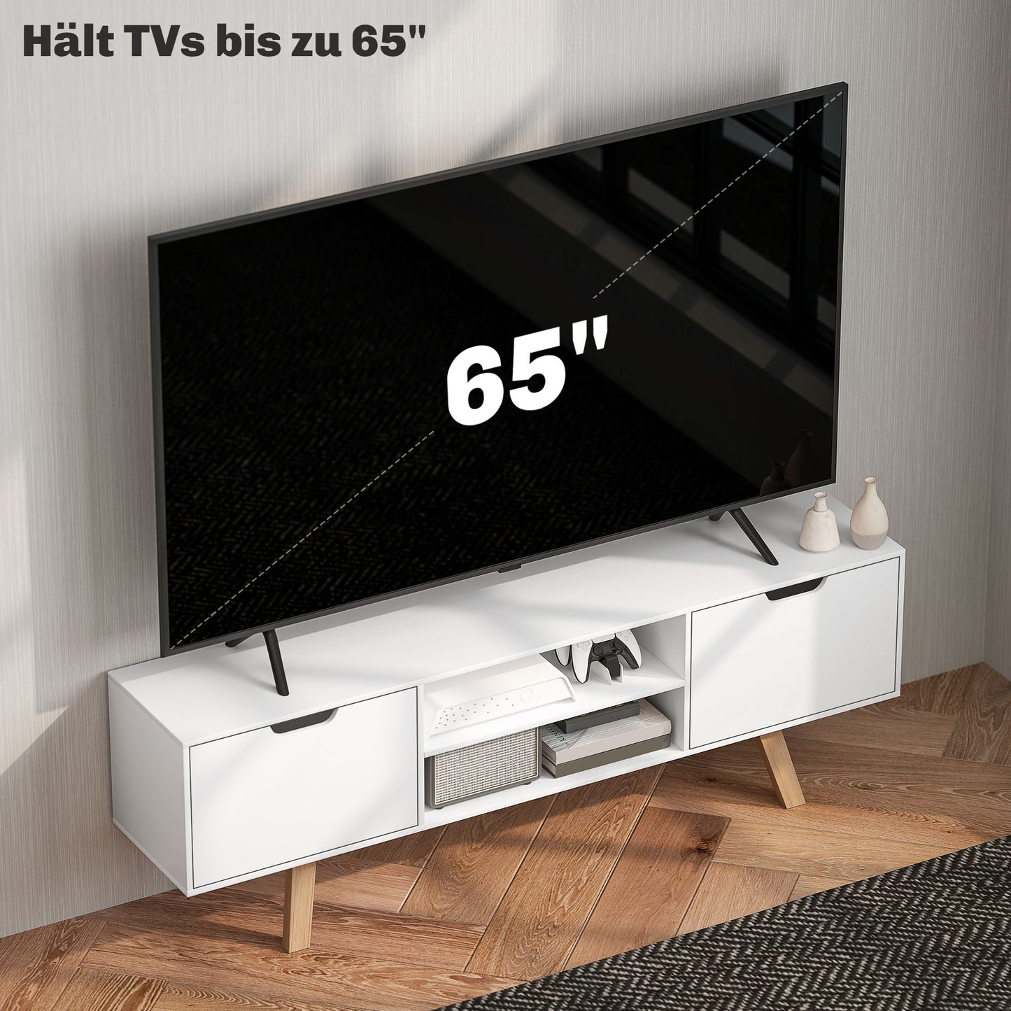HOMCOM TV-Kommode mit Schubladen und offenen Regalen, MDF, 150 x 39 x 50 cm, Weiß