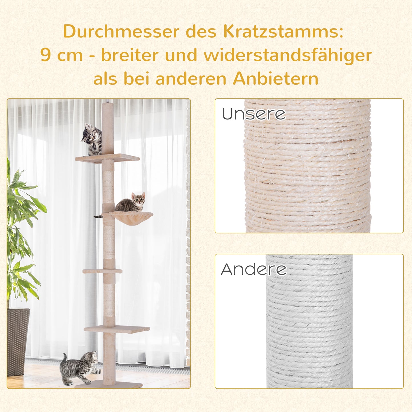 PawHut Kratzbaum Deckenhoch höhenverstellbar, stabiler Katzenbaum mit Sisalsäulen, Katzen Kletterbaum, Beige, 40 x 34 x 230-260 cm