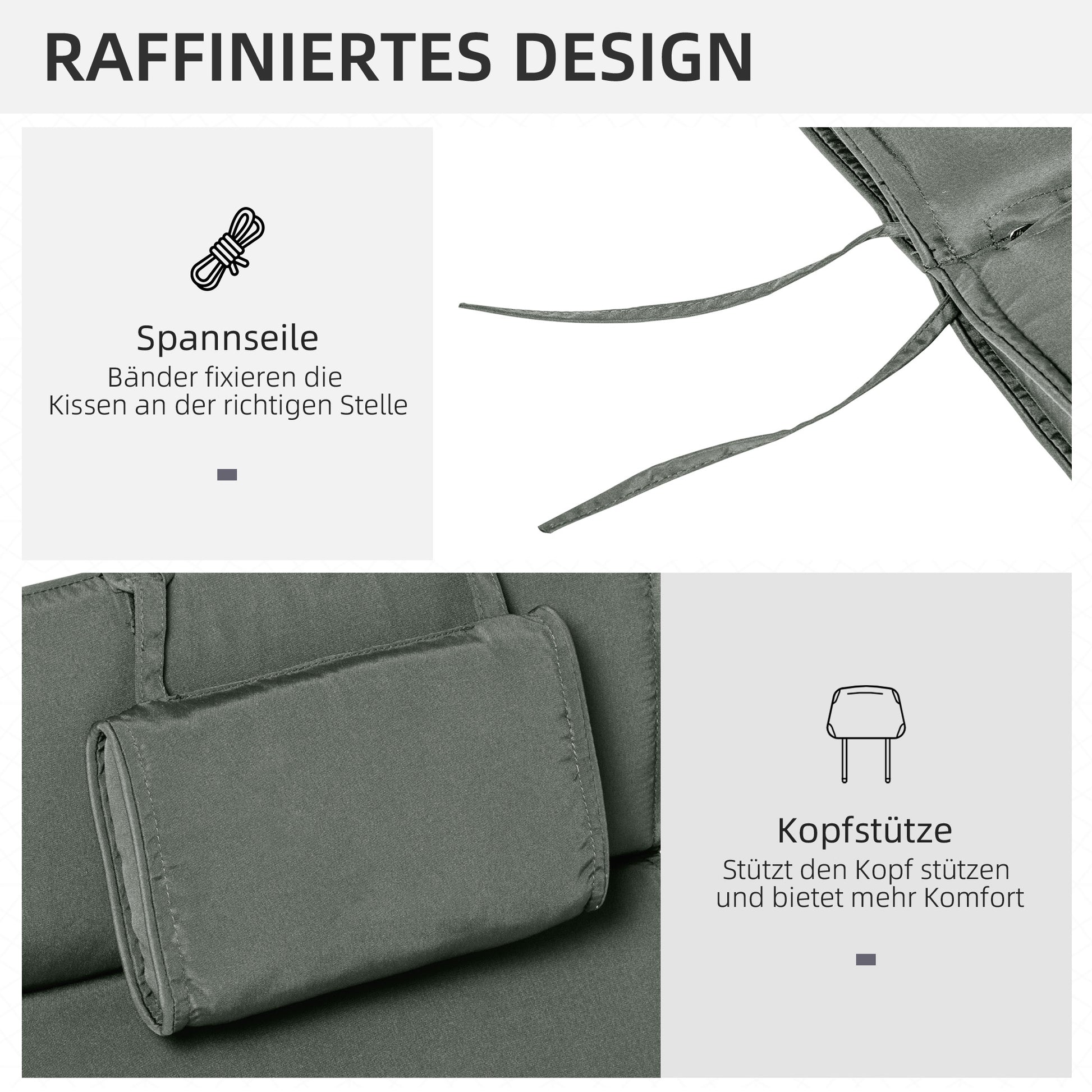 Outsunny Liegenauflage Liegenpolster Gartenliege mit Kopfkissen abnehmbar Bezug Grau 198 x 53 x 5 cm NUR Kissen