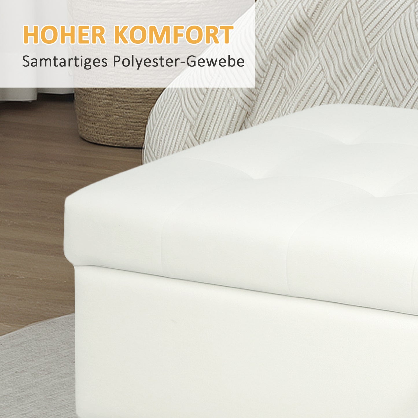 HOMCOM Polsterhocker mit Stauraum, Holzbeine, weicher Stoffbezug, Cremeweiß