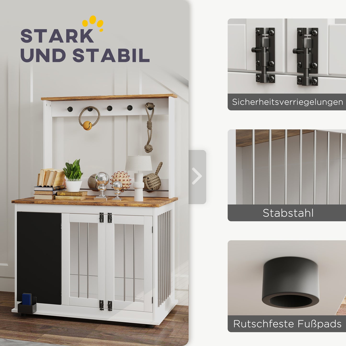 PawHut Hundebox mit Aufbewahrungsregal für Spielzeug, Haken für Leinen, Schreibtafel, Radiergummi, für große Hunde, Weiß