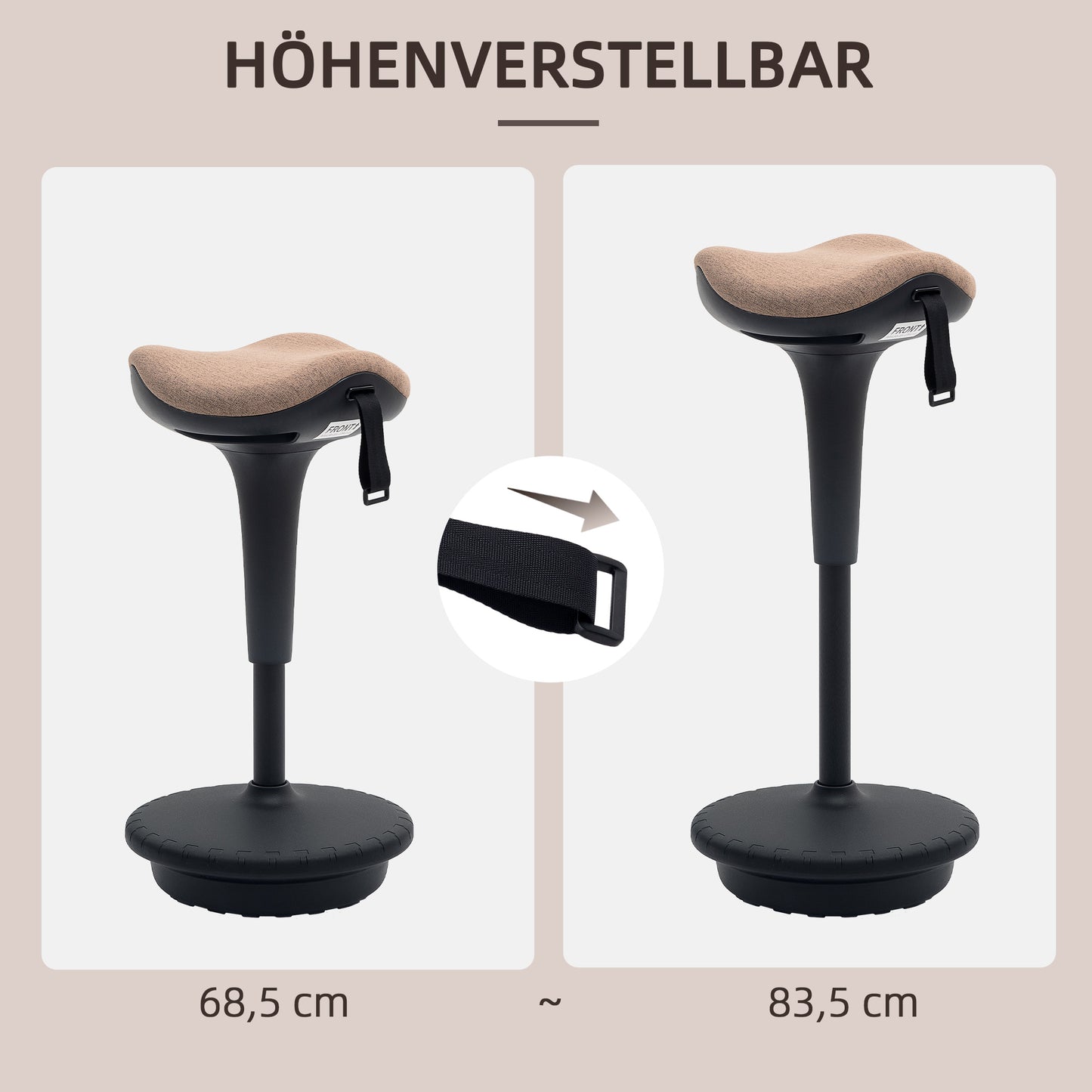 HOMCOM Balancehocker, beweglicher Sitz, drehbarer Bürohocker, höhenverstellbar, ergonomisch, 34 x 34 x 68,5-83,5 cm, Braun