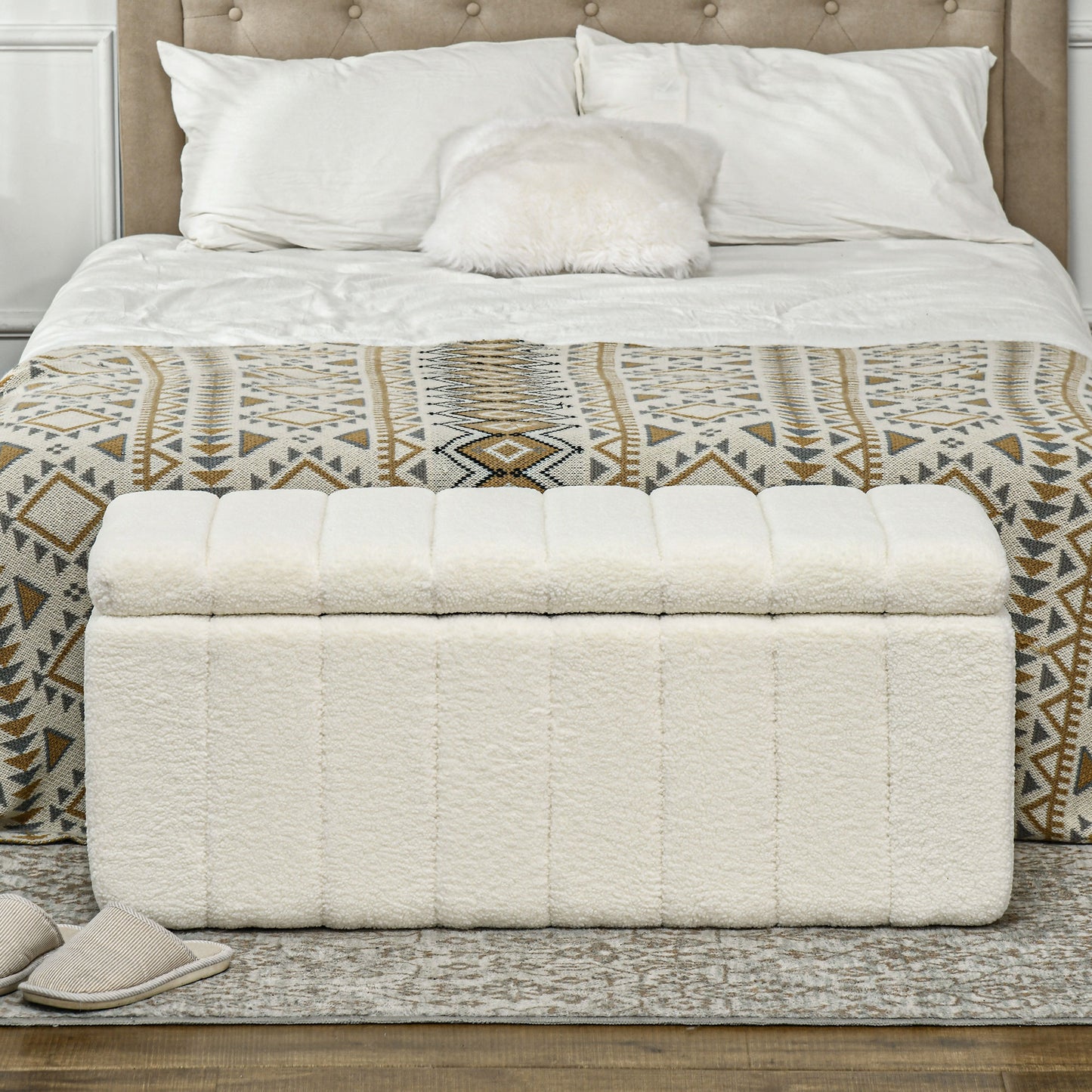 HOMCOM Polsterbank, Bettbank mit Stauraum, belastbar bis 120kg, 102x45x46cm, Cremeweiß