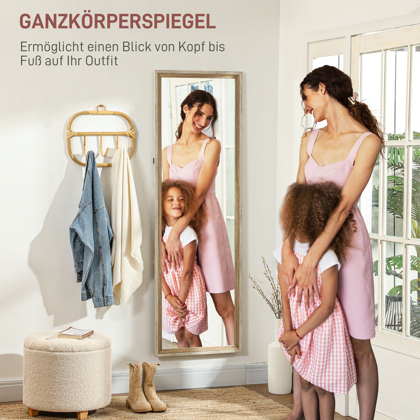 HOMCOM Ganzkörperspiegel, MDF-Rahmen, splitterfreie Folie, 162,6 x 53,3 cm, Naturholz