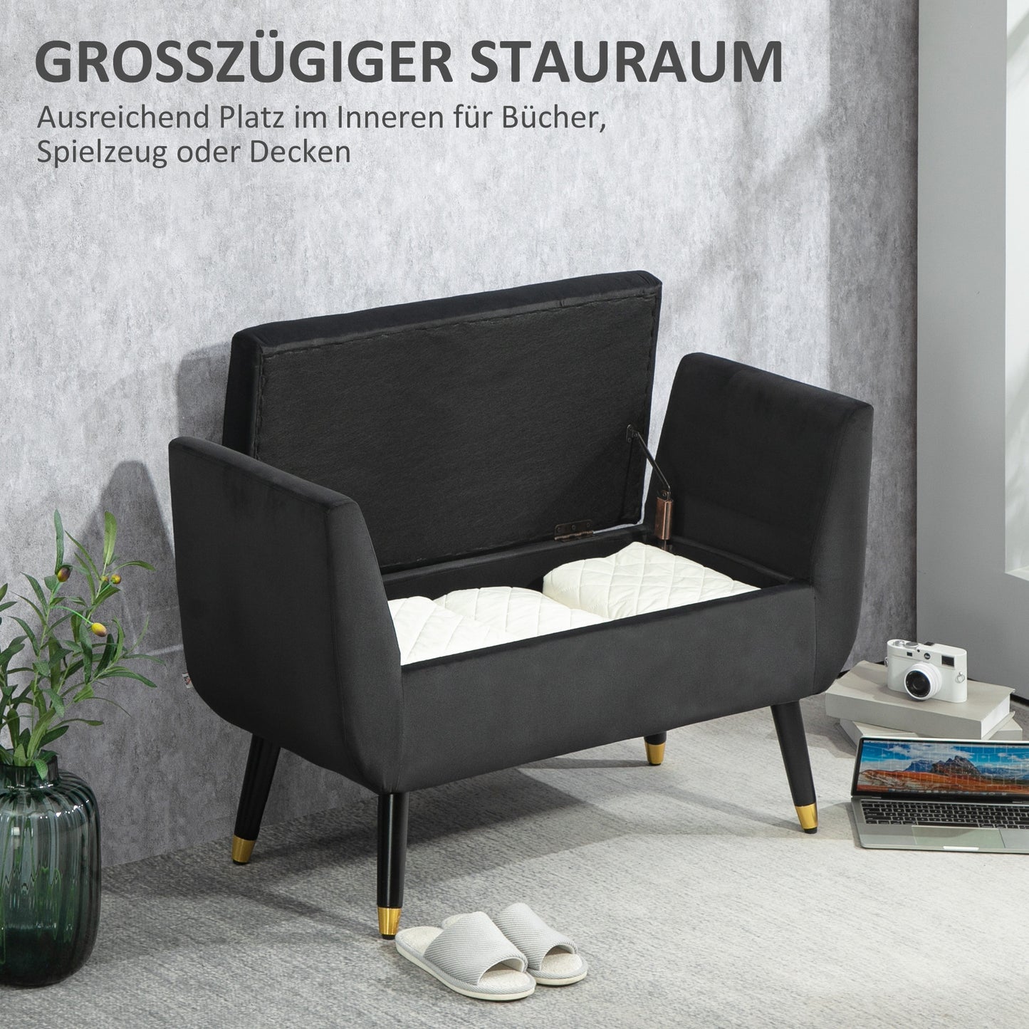 HOMCOM Sitzbank mit Stauraum und Armlehnen, Truhenbank, samtartiges Polyester, Kautschukholz, Dunkelgrau, 107 x 42 x 65 cm