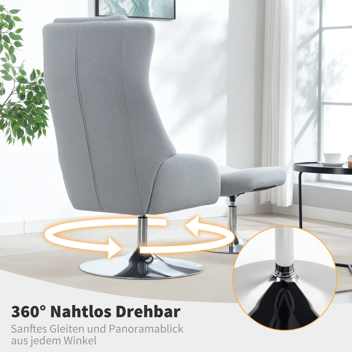 HOMCOM Drehbarer Polsterstuhl mit Fußhocker, zurücklehnbar, Polstersessel mit Armlehnen, für Wohnzimmer, Schlafzimmer, Grau