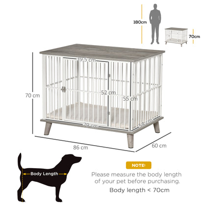 PawHut Hundekäfig aus Holz, Hundebox, Transportbox, mit Kissen, 86 cm x 60 cm x 70 cm Holzwerkstoff Stahl Weiß + Grau