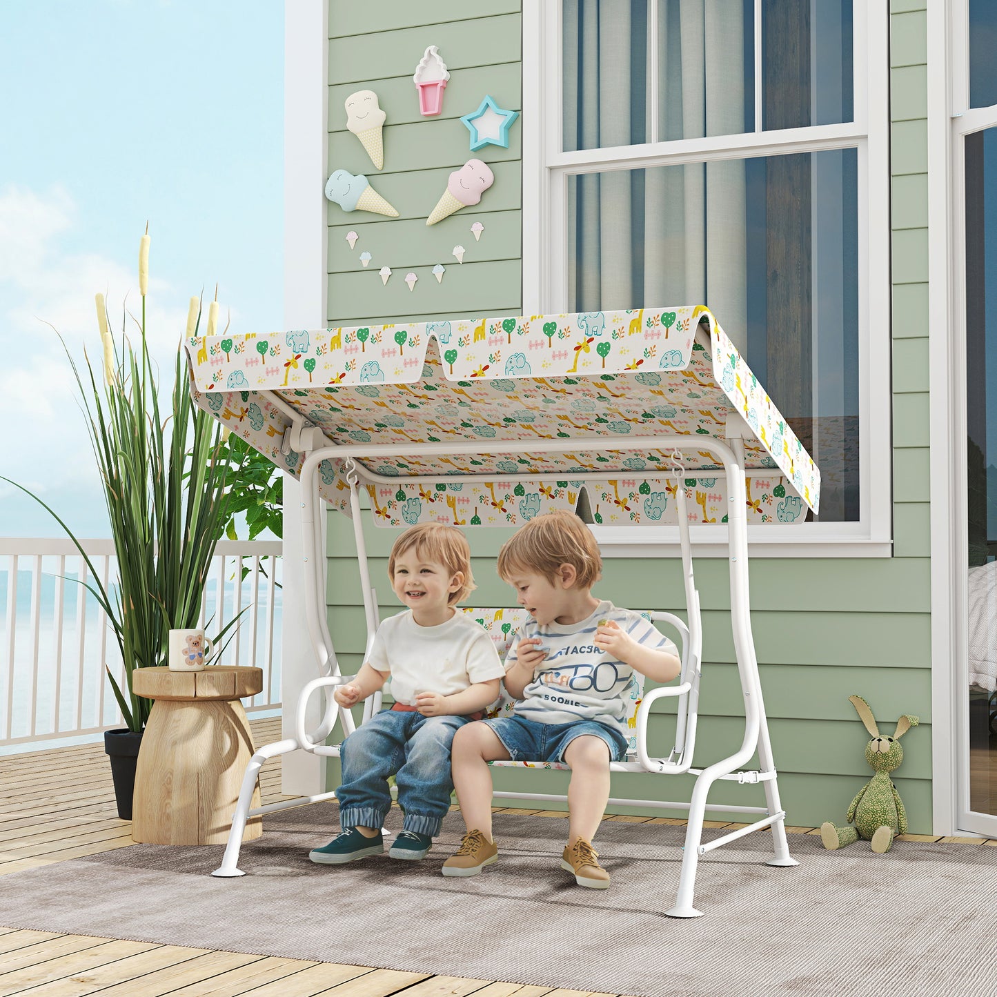 AIYAPLAY Hollywoodschaukel für Kinder, Stahlrahmen, 2-Sitzer, 60 kg belastbar, Weiß