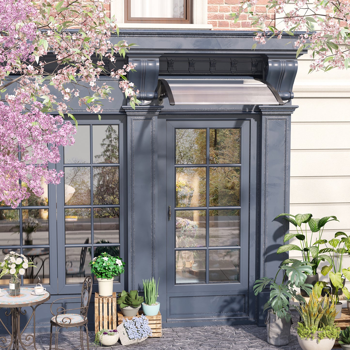 Outsunny Vordach für Haustür/Fenster, wetterfest, transparent, aluminium/polykarbonat, 103x96,5x27cm, Schwarz